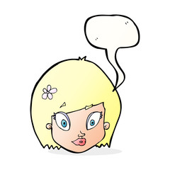 cartoon happy female face with speech bubble