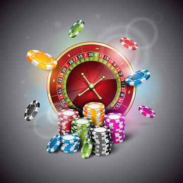 Vector illustration on a casino theme with roulette wheel and playing chips on dark background.