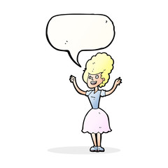 cartoon happy 1950's woman with speech bubble