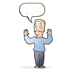 cartoon man surrendering with speech bubble
