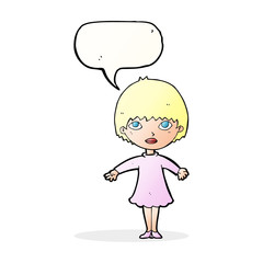 cartoon woman in dress with speech bubble