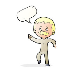 cartoon man with mustache pointing with speech bubble