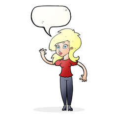 cartoon pretty woman waving with speech bubble