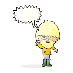 cartoon hippie man in wellington boots with speech bubble