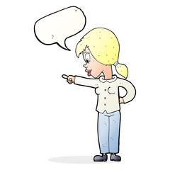 cartoon enthusiastic woman pointing with speech bubble