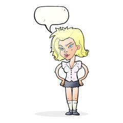 cartoon woman with hands on hips with speech bubble