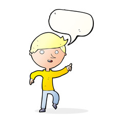 cartoon happy pointing with speech bubble