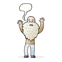 cartoon frightened old man with beard with speech bubble
