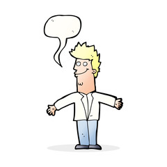 cartoon happy man with open arms with speech bubble