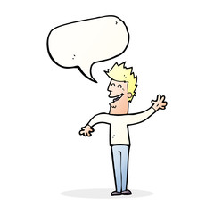 cartoon happy man waving with speech bubble