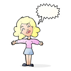 cartoon woman with open arms with speech bubble