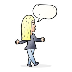 cartoon woman shrugging shoulders with speech bubble