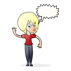 cartoon woman waving with speech bubble