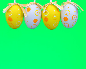 Easter eggs on rope on colorful wooden background. Easter backgr
