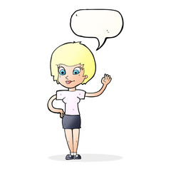 cartoon woman waving with speech bubble