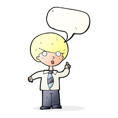 cartoon school boy answering question with speech bubble