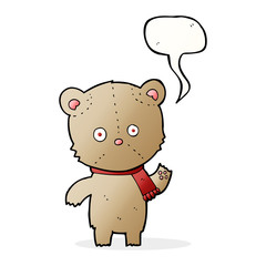 cartoon waving teddy bear with speech bubble