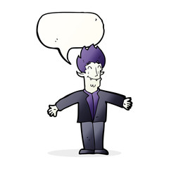 cartoon happy vampire with speech bubble