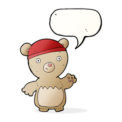 cartoon teddy bear wearing hat with speech bubble