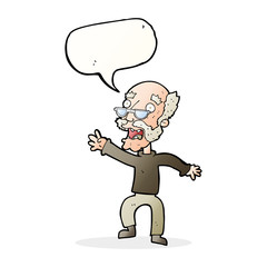 cartoon frightened old man with speech bubble