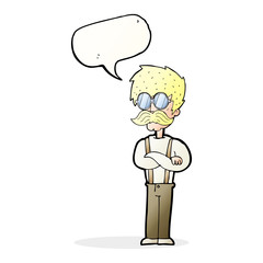 cartoon hipster man with mustache and spectacles with speech bub