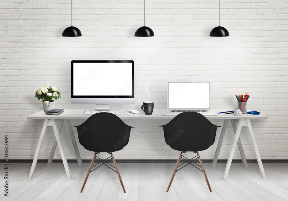Poster Computers on the desk in the office. Workplace with pc and laptop isolated displays for mock up. Chairs, lamps, flower, plant, pencils, cup of coffee on table.