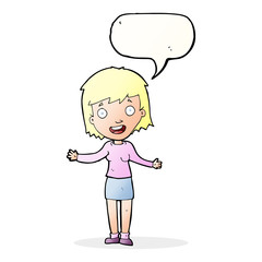 cartoon excited woman with speech bubble