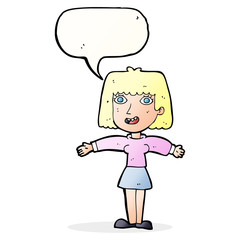 cartoon excited woman with speech bubble