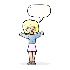 cartoon excited woman with speech bubble