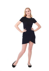 Full length portrait of an attractive professional woman wearing black dress suite and heels, isolated on a white background.
