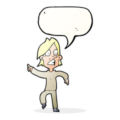 cartoon worried man pointing with speech bubble