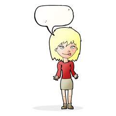 cartoon woman shrugging shoulders with speech bubble