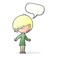 cartoon woman shrugging shoulders with speech bubble