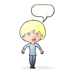 cartoon woman shrugging shoulders with speech bubble