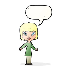 cartoon woman with open arms with speech bubble