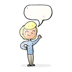 cartoon friendly waving woman with speech bubble