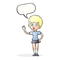 cartoon pretty girl waving with speech bubble