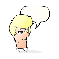 cartoon man with narrowed eyes with speech bubble