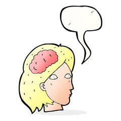 cartoon female head with brain symbol with speech bubble