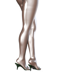 Sexy slim female legs in latex stockings. Conceptual fashion art. Shiny bright pantyhose. Seductive sensual pose. 3D render.