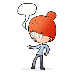 cartoon woman pointing with speech bubble