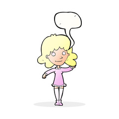 cartoon friendly woman waving with speech bubble