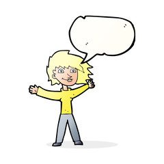 cartoon excited woman waving with speech bubble