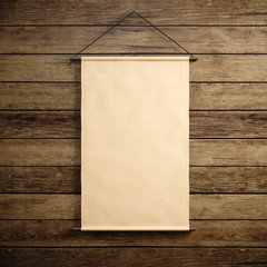 Photo of blank craft vintage canvas hanging on the wood background. Vertical mockup. 3d render
