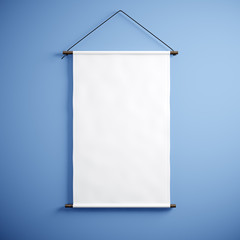 Photo of blank white canvas hanging on the empty blue background. Vertical canvas. 3d render