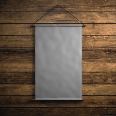 Photo of blank gray vintage canvas hanging on the wood background. Vertical mockup. 3d render