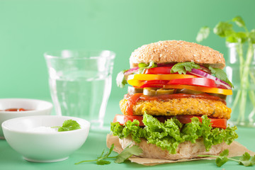 veggie chickpea and sweetcorn burger with pepper jalapeno onion