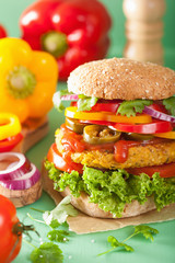 veggie chickpea and sweetcorn burger with pepper jalapeno onion