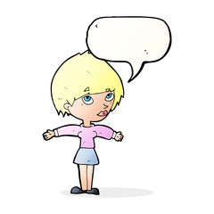 cartoon woman with open arms with speech bubble