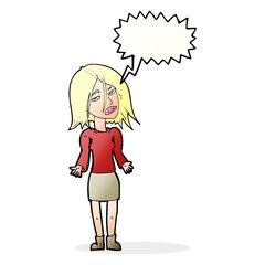 cartoon woman shrugging shoulders with speech bubble